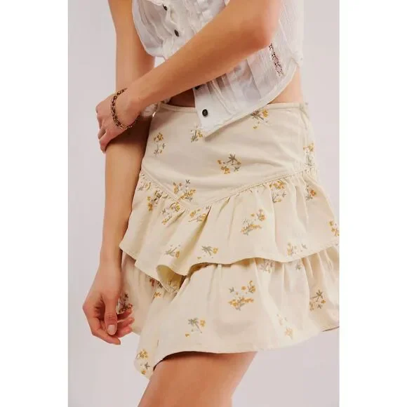 New Free People Driftwood Mini Skirt Womens Tiered Ruffle Boho Festival Sz XL
